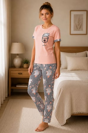 Kadın Pamuklu Penye Kedi Baskılı Kısa Kollu Bisiklet Yaka Çizgili Pijama Takımı - Pudra