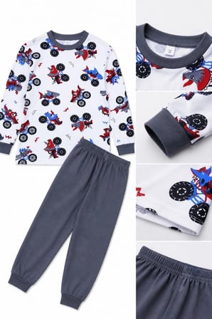 Erkek Çocuk Premium Penye Canavar Araba Desenli Uzun Kollu Pijama Takımı 2-11 Yaş - Füme