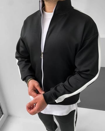 Erkek Scuba Kumaş Oversize Şerit Detaylı Fermuarlı Alt Üst Eşofman Takımı - Siyah