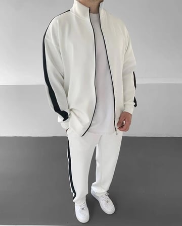 Erkek Scuba Kumaş Oversize Şerit Detaylı Fermuarlı Alt Üst Eşofman Takımı - Beyaz