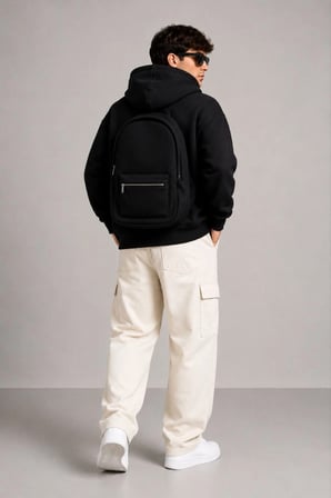 Erkek 3 İplik Şardonlu Tam Fermuarlı Kapüşonlu Arka Çanta Detaylı Sweatshirt - Siyah