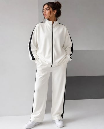 Kadın Scuba Kumaş Oversize Şerit Detaylı Fermuarlı Alt Üst Eşofman Takımı - Beyaz