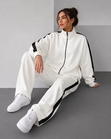 Kadın Scuba Kumaş Oversize Şerit Detaylı Fermuarlı Alt Üst Eşofman Takımı - Beyaz