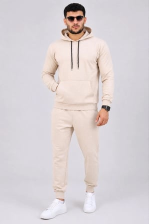 Erkek İki İplik Kapüşonlu Kanguru Cepli Sweatshirt Jogger Pantolon Alt Üst Eşofman Takımı -Bej