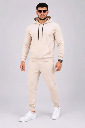 Erkek İki İplik Kapüşonlu Kanguru Cepli Sweatshirt Jogger Pantolon Alt Üst Eşofman Takımı -Bej