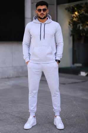 Erkek İki İplik Kapüşonlu Kanguru Cepli Sweatshirt Jogger Pantolon Alt Üst Eşofman Takımı -Beyaz