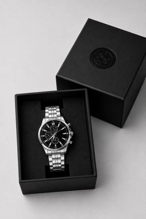 Erkek Gümüş Renk Metal Kordon Analog Kol Saati Takvim Göstergeli Siyah Kadran - Gümüş