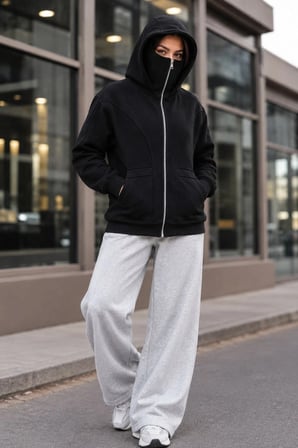 Kadın Maskeli Ninja Model Çift Kapüşonlu 3 İplik Şardonlu Fermuarlı Oversize Sweatshirt - Siyah