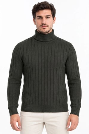 Erkek Balıkçı Yaka Tam Boğazlı Kalın Fitilli Regular Fit Triko Kazak - Füme