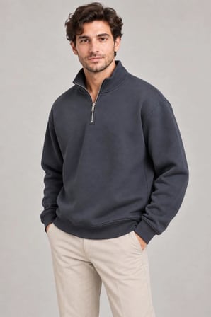 Erkek Üç İplik İçi Şardonlu Dik Yaka Yarım Fermuarlı Kışlık Sweatshirt - Füme