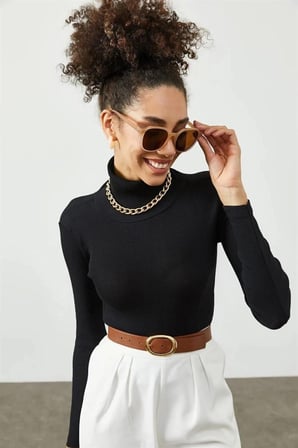 Kadın Kaşkorse Boğazlı Full Likralı Fitilli Body Kazak - Siyah