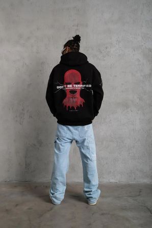 Erkek 3 İplik Pamuklu Kapüşonlu Baskılı Cepli Oversize Sweatshirt Hoodie - Siyah