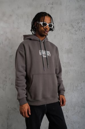 Erkek 3 İplik Pamuklu Baskılı Kapüşonlu Cepli Sweatshirt Hoodie - Gri