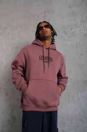 Erkek 3 İplik Pamuklu Kapüşonlu Baskılı Cepli Oversize Sweatshirt Hoodie - Gül Kurusu
