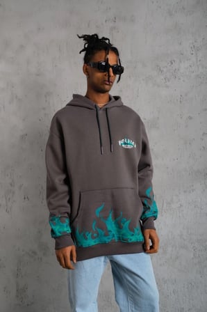 Erkek 3 iplik Pamuklu Alev Baskılı Kapüşonlu hoodie Sweatshirt - Gri