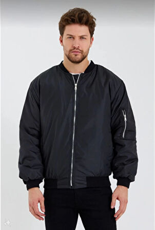 Unisex Siyah Bomber Mont - Su İtici Kumaş, Kapitone Astarlı, Fermuarlı