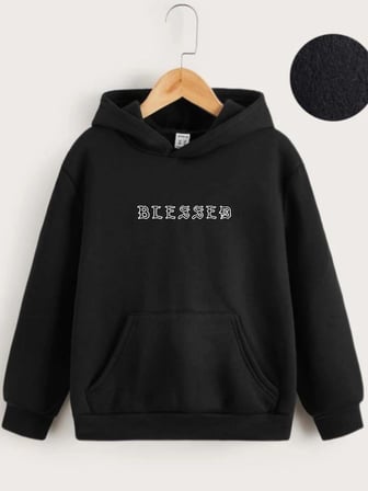 Çocuk   Kapüşonlu Ön ve Arka Blessed Baskılı Sweatshirt - Siyah