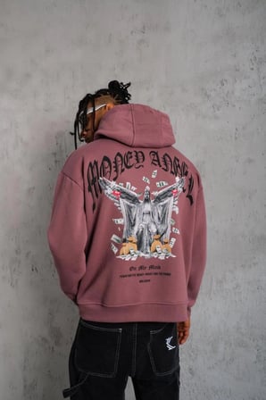 Erkek 3 İplik Pamuklu Baskılı Kapüşonlu Cepli Sweatshirt Hoodie - Gül Kurusu
