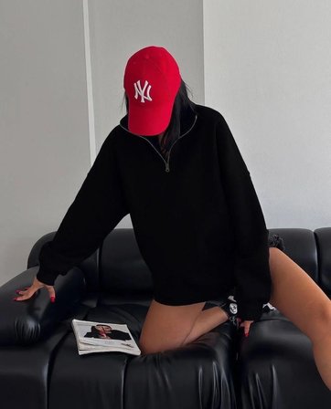 Kadın 3 İplik Pamuklu Oversize Yarım Fermuarlı Yakalı Basic Sweatshirt - Siyah