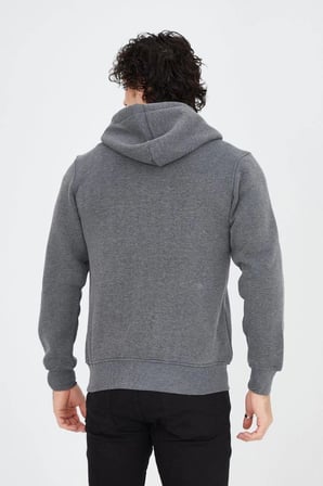Erkek 3 İplik Pamuklu Fermuarlı Kapüşonlu Kanguru Cepli Baskılı Hoodie Hırka Sweatshirt - Füme