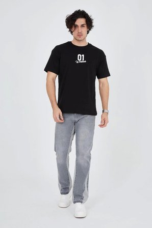 Erkek Bisiklet Yakalı Baskılı T-Shirt - Siyah