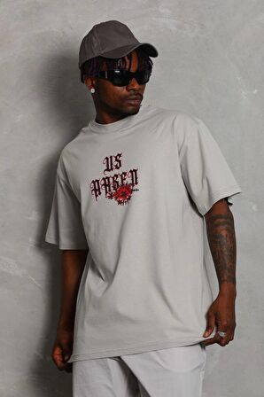 Unisex Oversize Baskılı Bisiklet Yaka T-Shirt - Gri