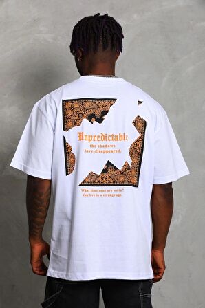 Unisex Oversize Baskılı Bisiklet Yaka T-Shirt - Beyaz
