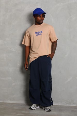 Erkek Baskılı Tişört Kısa Kol Bisiklet Yaka Oversize T-Shirt - Bej