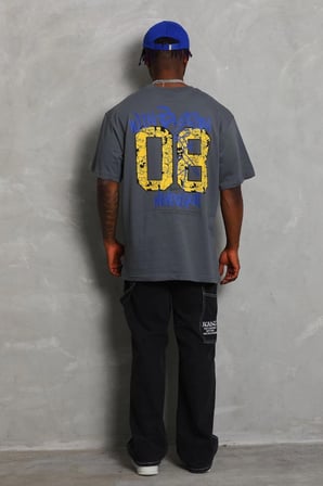 Erkek Baskılı Tişort Kısa Kol Bisiklet Yaka Oversize T-Shirt - Füme