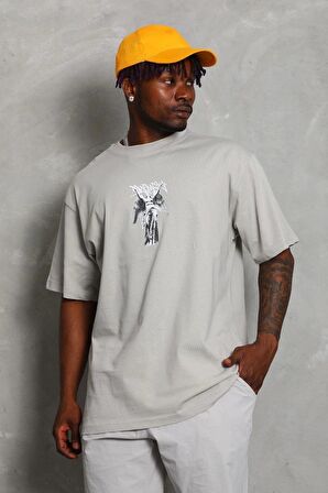 Unisex Oversize Baskılı Bisiklet Yaka T-Shirt - Gri