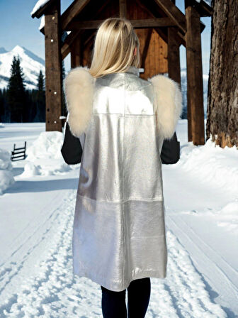 Kadın Kolsuz Hakiki Deri Kürk - Gri