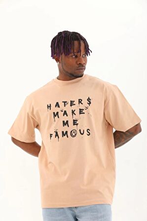 Unisex Oversize Baskılı Bisiklet Yaka T-Shirt - Bej