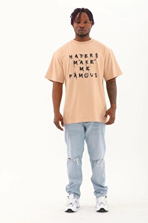 Unisex Oversize Baskılı Bisiklet Yaka T-Shirt - Bej