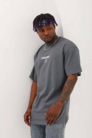 Unisex Oversize Baskılı Bisiklet Yaka T-Shirt - Füme