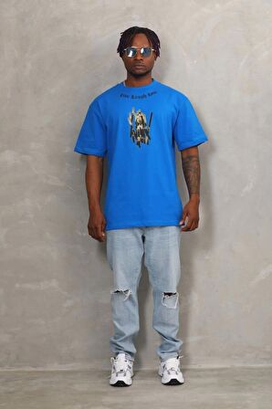 Unisex Oversize Baskılı Bisiklet Yaka T-Shirt - Mavi