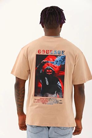 Unisex Oversize Baskılı Bisiklet Yaka T-Shirt - Bej