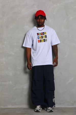 Unisex Oversize Baskılı Bisiklet Yaka T-Shirt - Beyaz