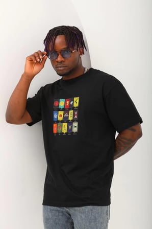 Unisex Oversize Baskılı Bisiklet Yaka T-Shirt - Siyah