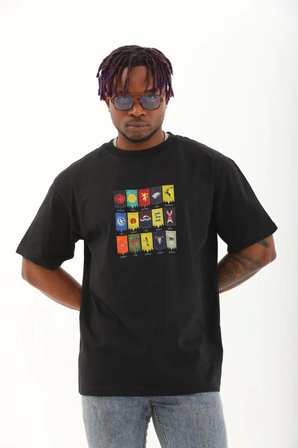 Unisex Oversize Baskılı Bisiklet Yaka T-Shirt - Siyah