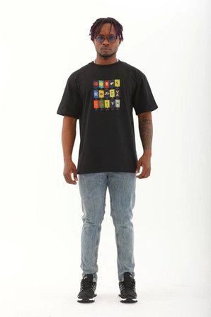 Unisex Oversize Baskılı Bisiklet Yaka T-Shirt - Siyah