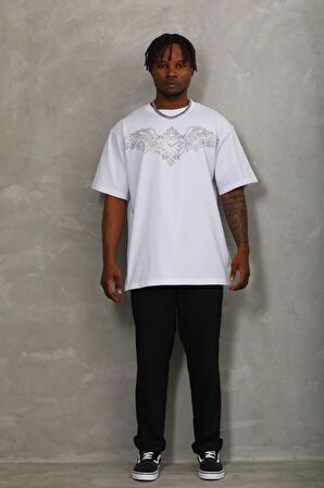 Unisex Oversize Taşlı Bisiklet Yaka T-Shirt - Beyaz