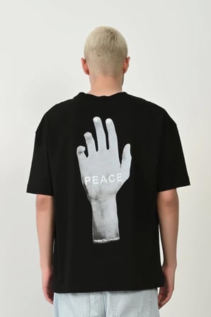 Unisex Baskılı Bisiklet Yaka Oversize T-Shirt - Siyah