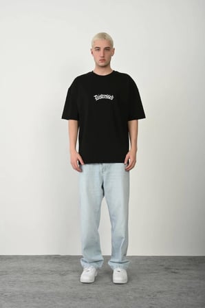 Unisex Baskılı Bisiklet Yaka Oversize T-Shirt - Siyah
