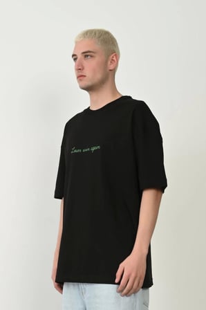 Unisex Baskılı Bisiklet Yaka Oversize T-Shirt - Siyah