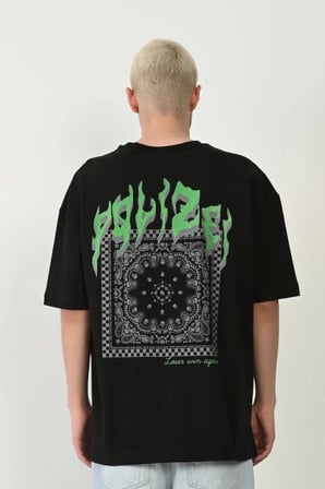 Unisex Baskılı Bisiklet Yaka Oversize T-Shirt - Siyah