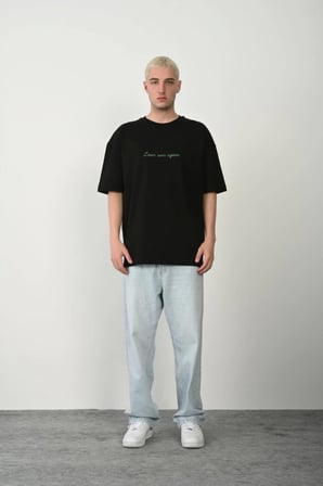 Unisex Baskılı Bisiklet Yaka Oversize T-Shirt - Siyah