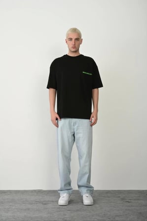 Unisex Baskılı Bisiklet Yaka Oversize T-Shirt - Siyah