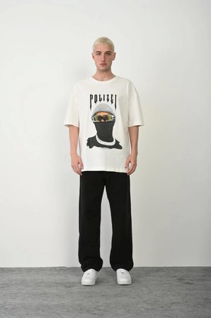 Unisex Baskılı Bisiklet Yaka Oversize T-Shirt - Beyaz