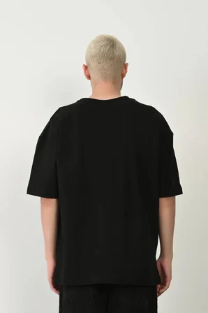 Erkek Baskılı T-Shirt Kısa Kol Bisiklet Yaka Rahat Kalıp Tişört  - Siyah