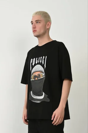 Unisex Baskılı Bisiklet Yaka Oversize T-Shirt - Siyah